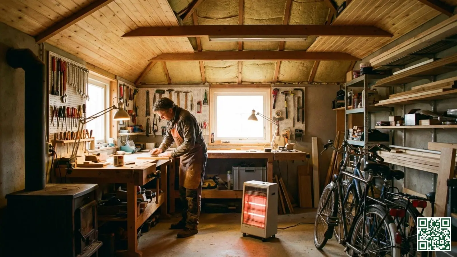 Verwarmde garage werkplaats met werkbank en gereedschap in een comfortabele geïsoleerde ruimte