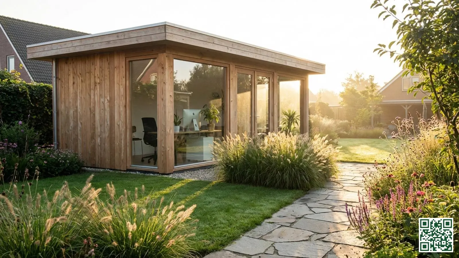 Modern geïsoleerd tuinhuis in Nederlandse achtertuin met werkplek zichtbaar door grote ramen