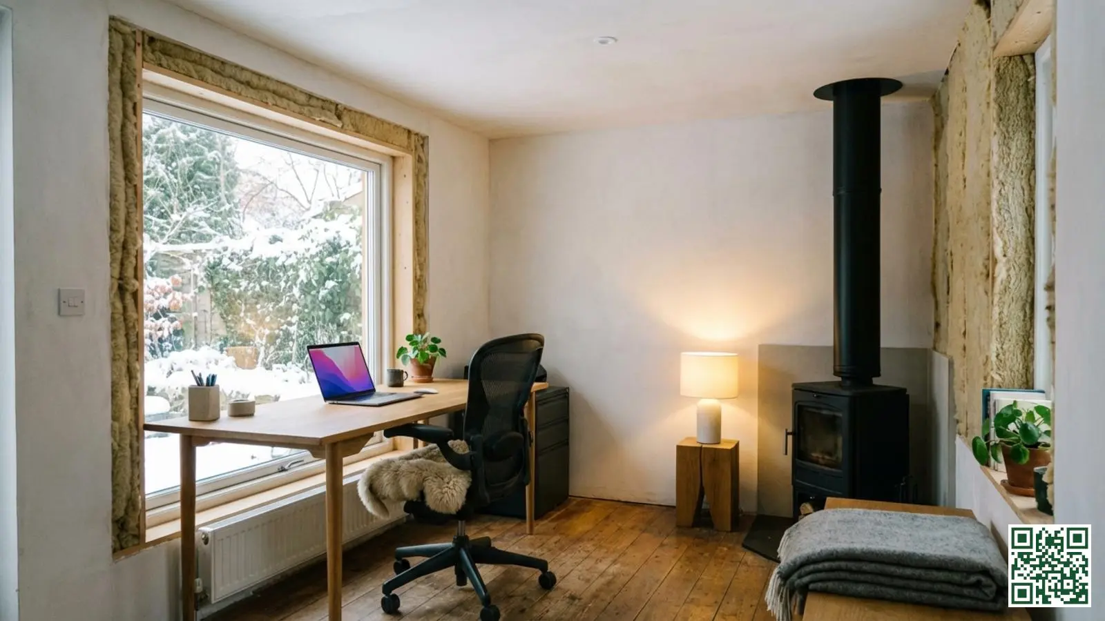 Comfortabele werkplek in goed geïsoleerd tuinhuis met afgewerkte wanden en natuurlijk licht