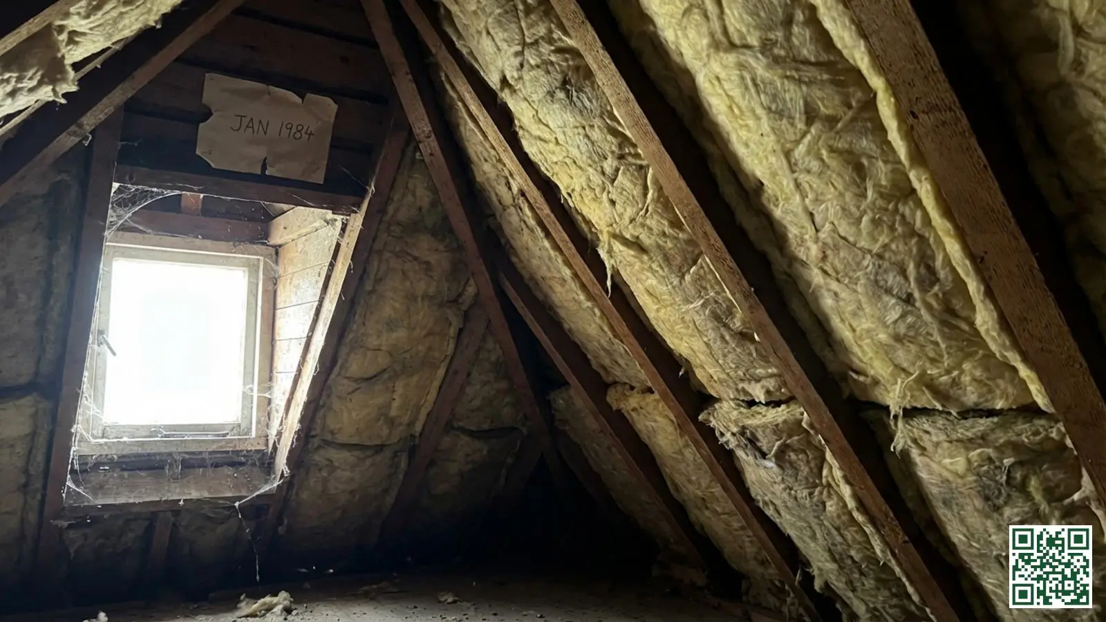Bestaande glaswol dakisolatie tussen houten balken op een zolder van een naoorlogse woning
