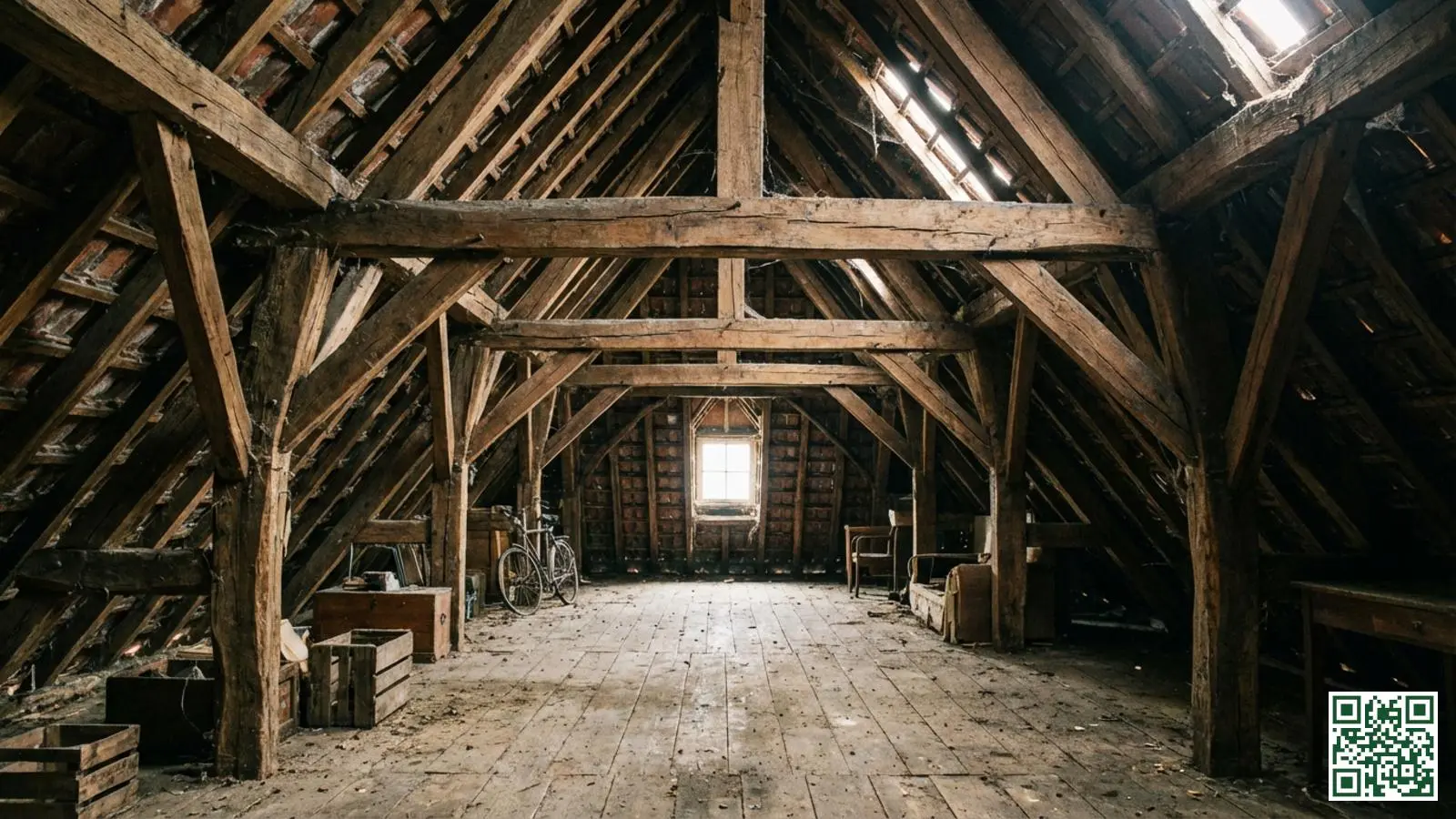 Houten dakconstructie van een vooroorlogse woning met zichtbare smalle balken en kepers zonder isolatie