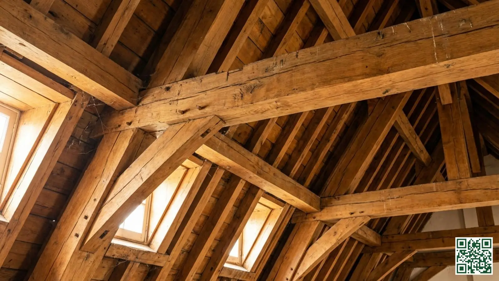 Authentieke houten dakconstructie met zichtbare balken en traditioneel vakmanschap in monumentaal pand