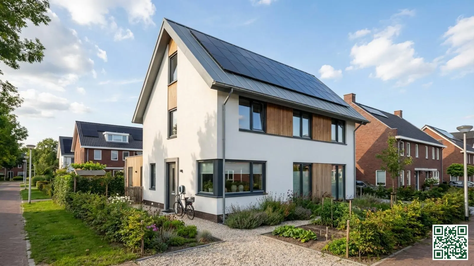 Moderne energiezuinige nieuwbouwwoning met zonnepanelen op het goed geïsoleerde dak in een Nederlandse woonwijk