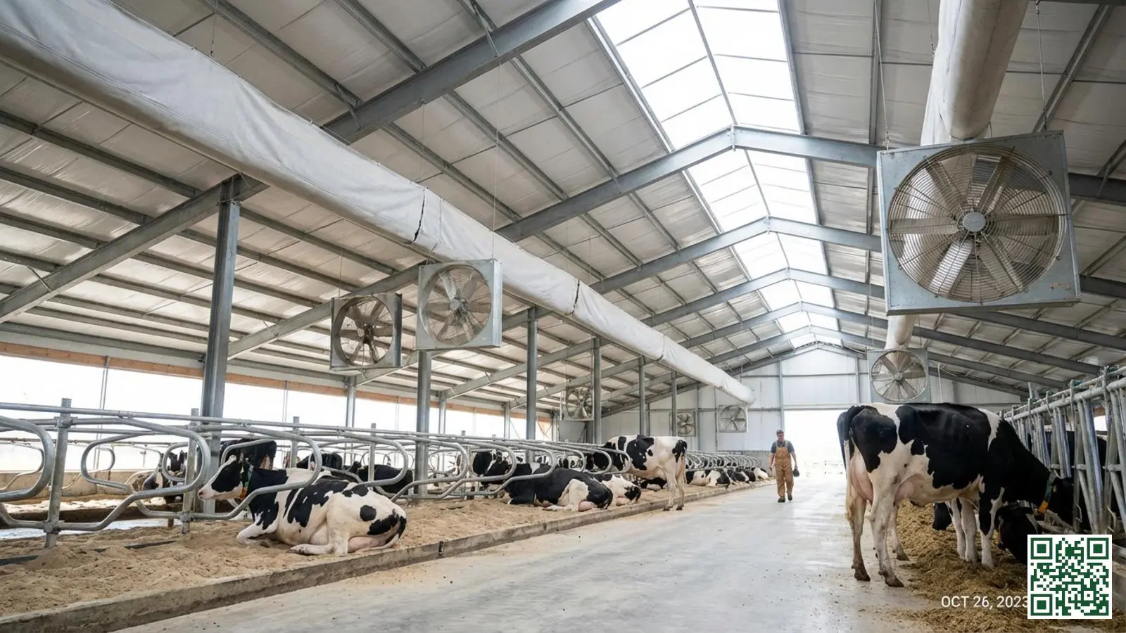 Interieur van moderne melkveestal met zichtbaar geïsoleerd plafond en goede verlichting voor dierenwelzijn