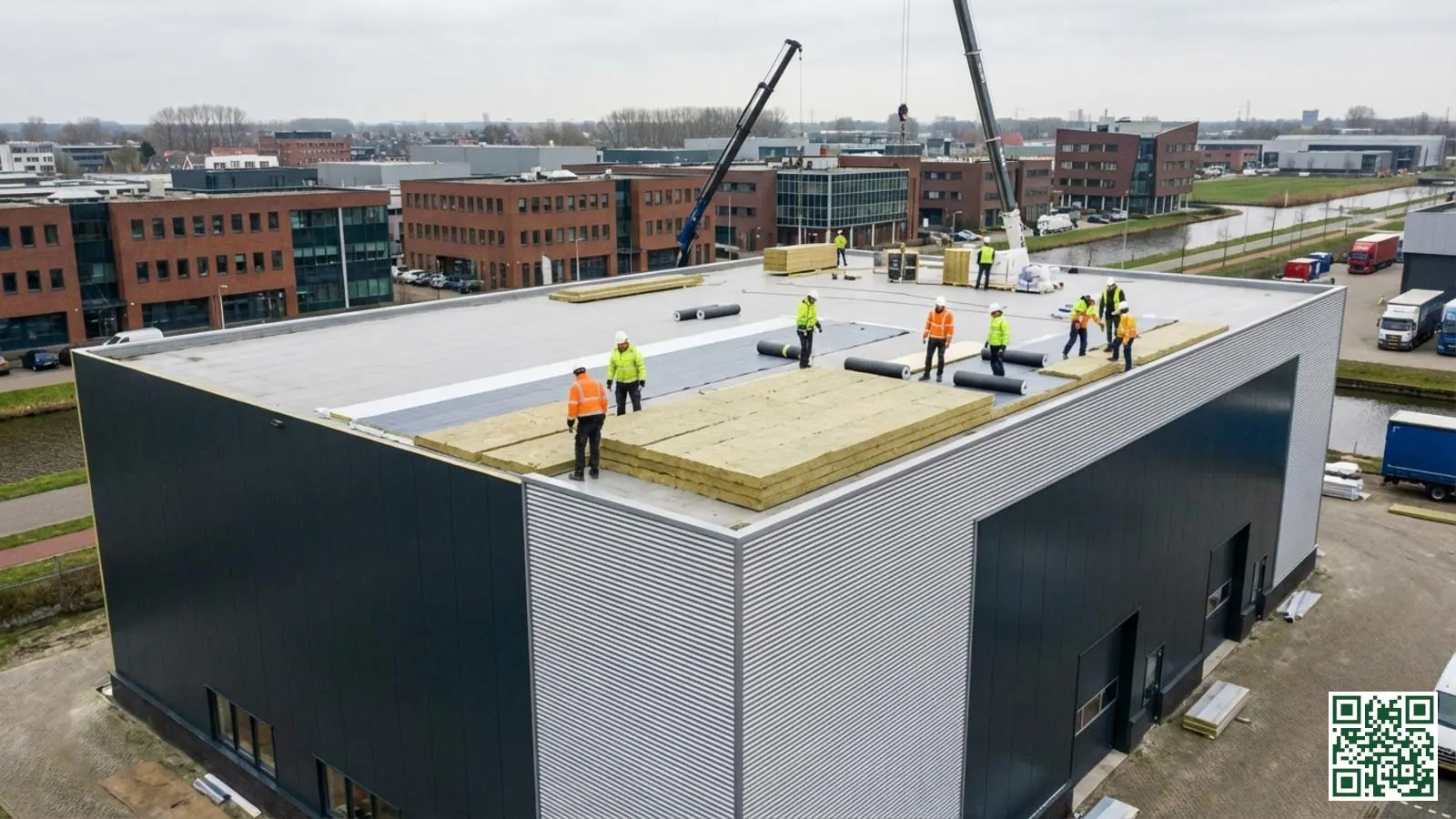 Professionele dakdekkers installeren isolatie op het dak van een groot industrieel bedrijfspand in Nederland