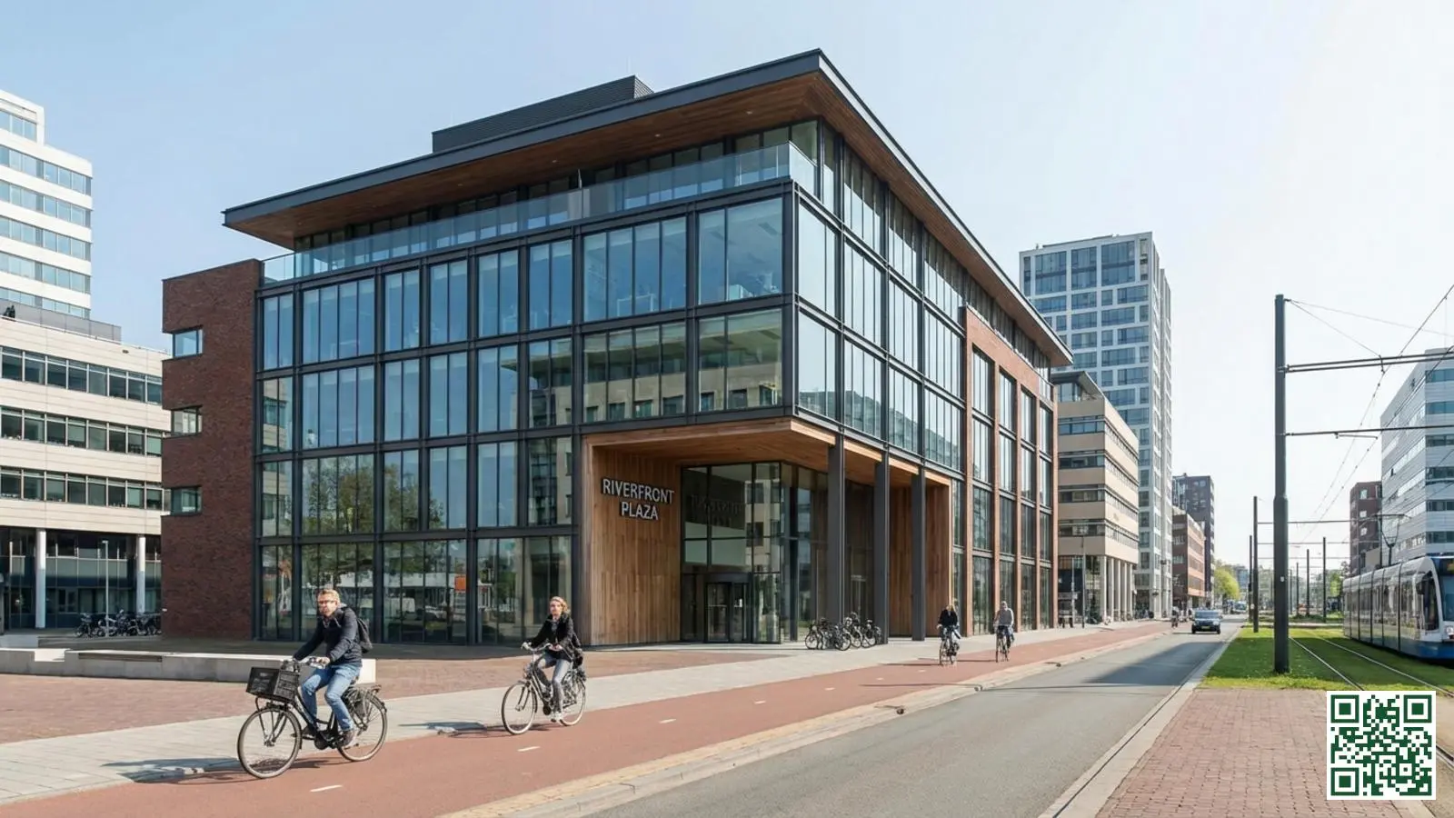 Modern kantoorgebouw met plat dak in een Nederlandse zakelijke omgeving met glazen gevel