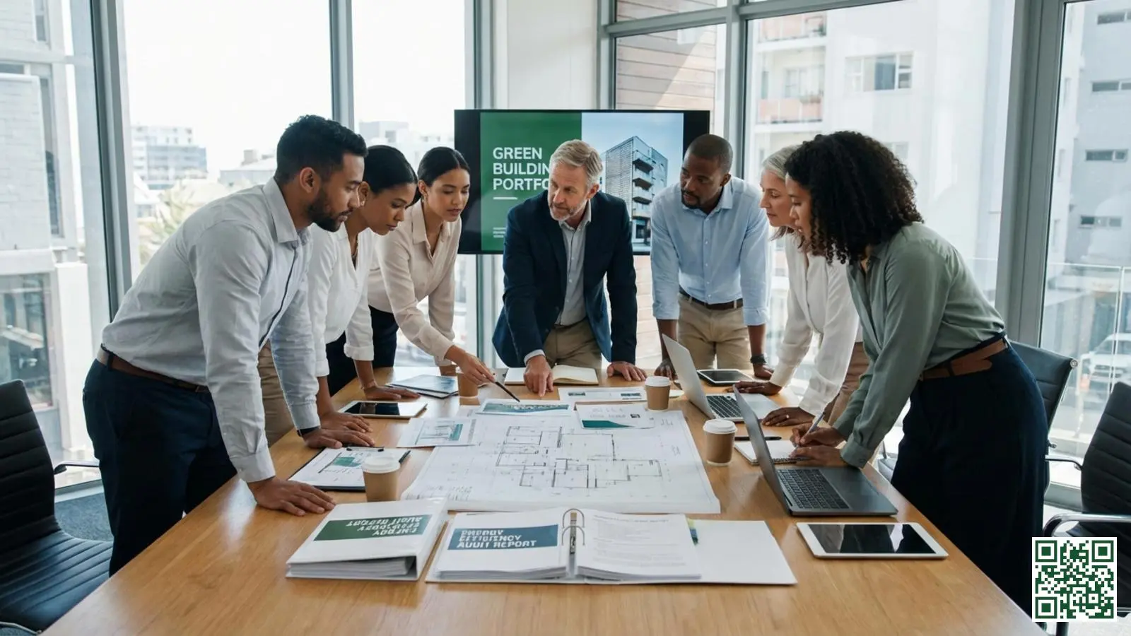 Zakelijke bespreking over vastgoedinvestering met documenten over energiebesparing en dakisolatie