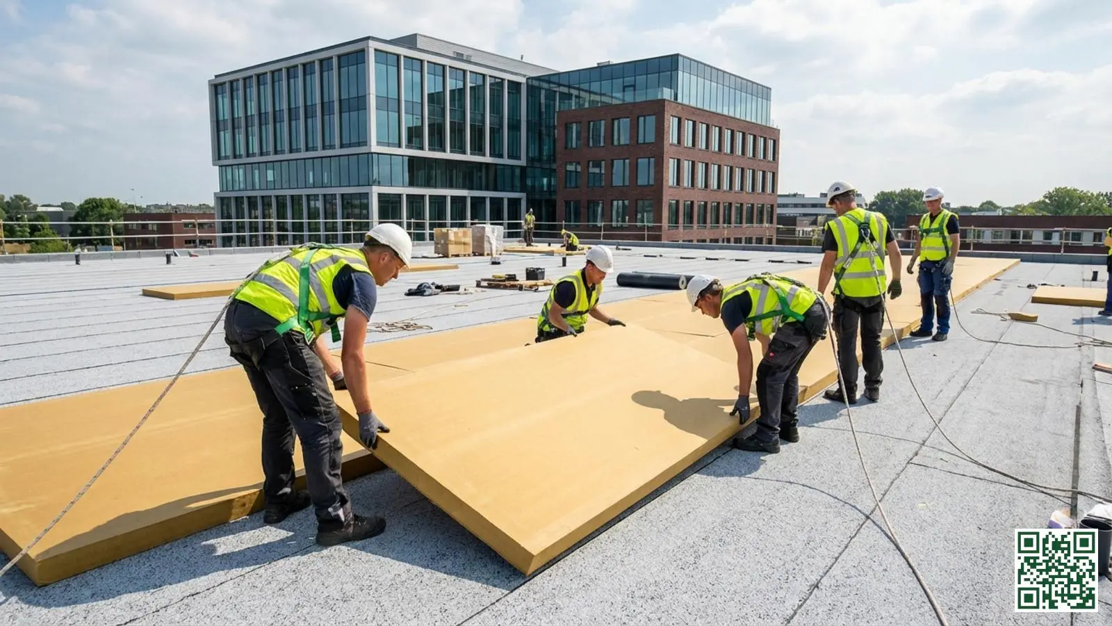 Isolatiemonteurs met veiligheidsuitrusting werken aan de isolatie van een groot commercieel plat dak