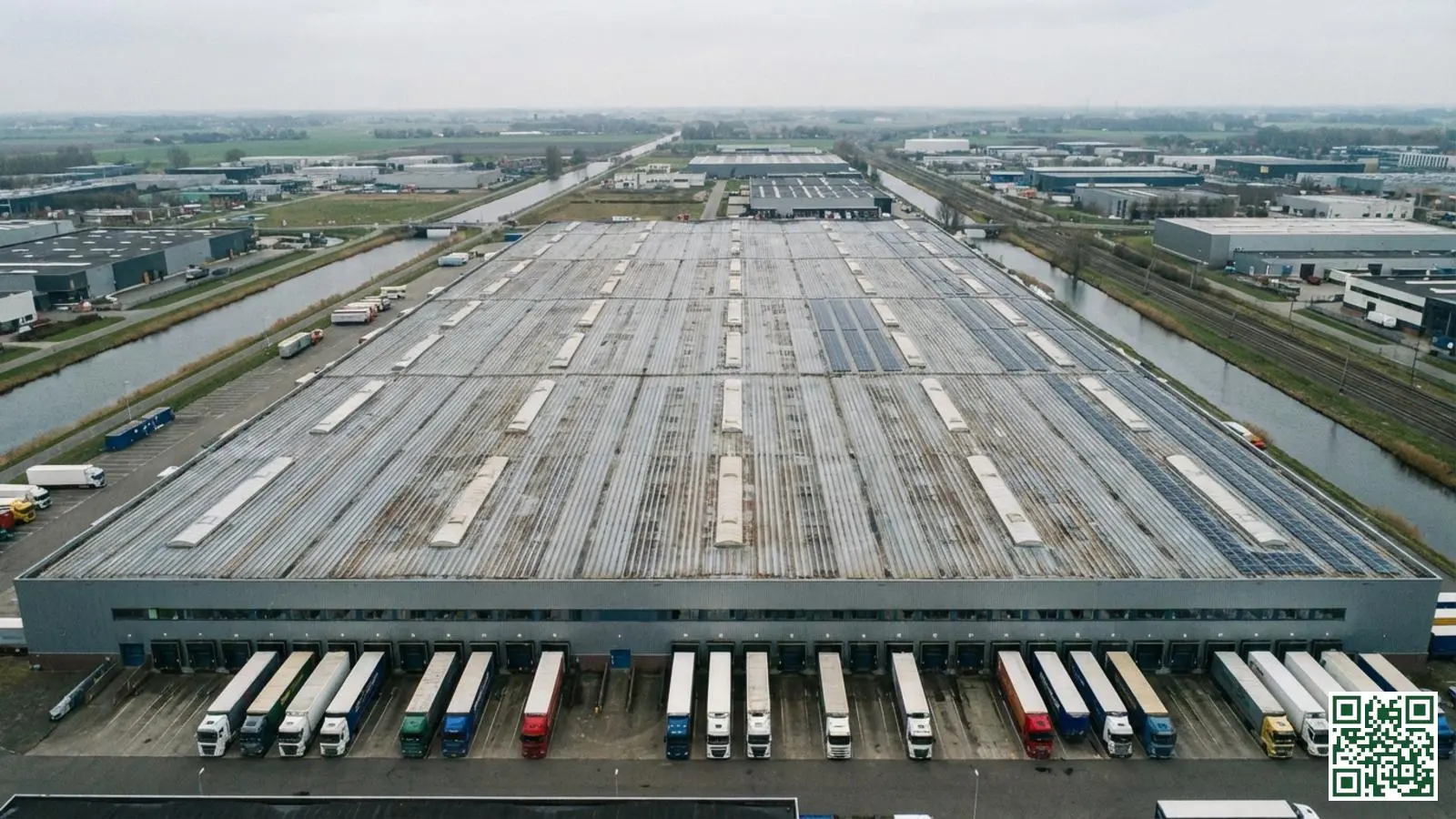 Grote industriële loods met stalen dakconstructie in Nederlands bedrijventerrein met vrachtwagens bij laaddocks