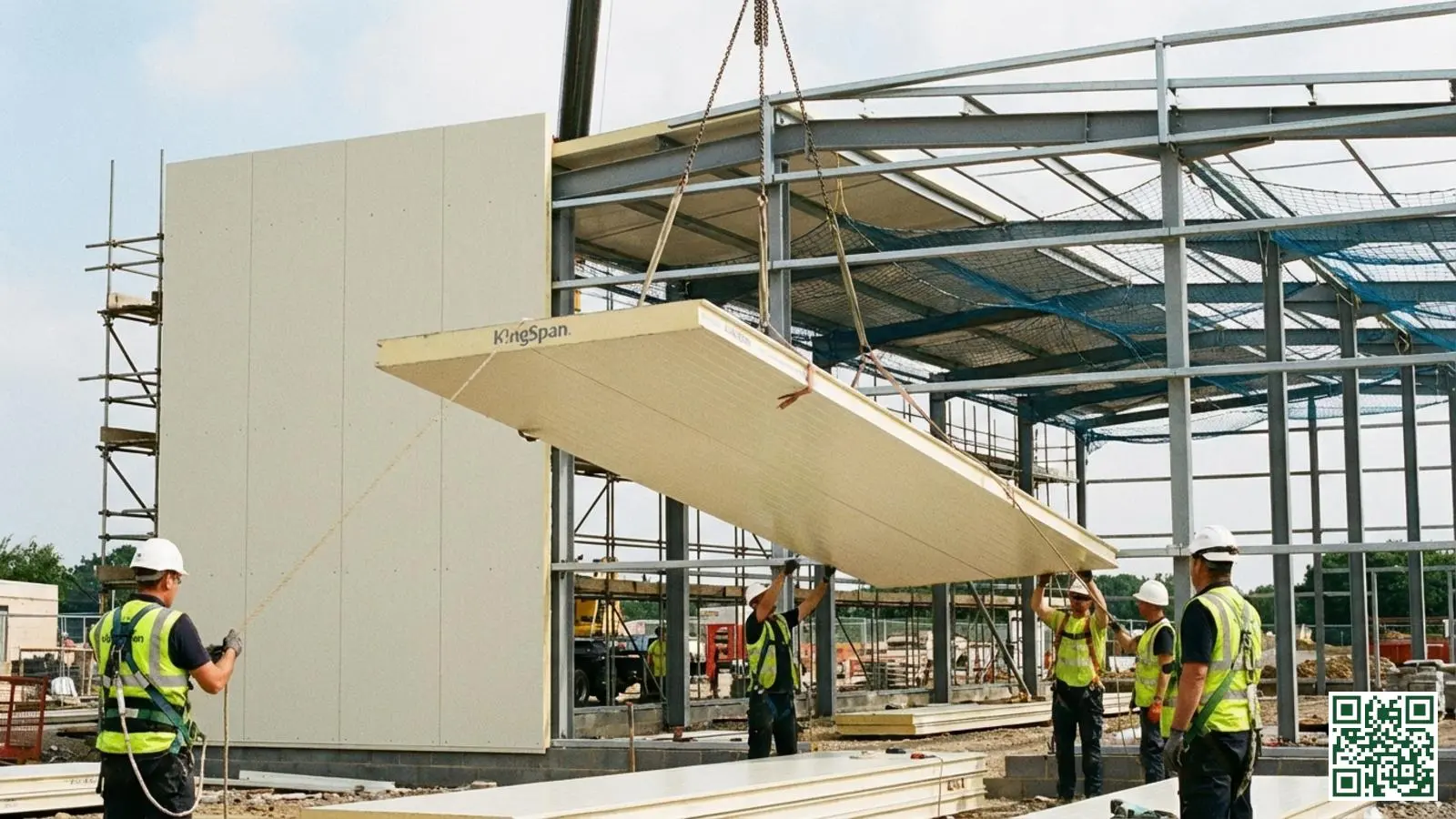 Vakmannen installeren geïsoleerde sandwichpanelen op industrieel loodsdak met behulp van een kraan