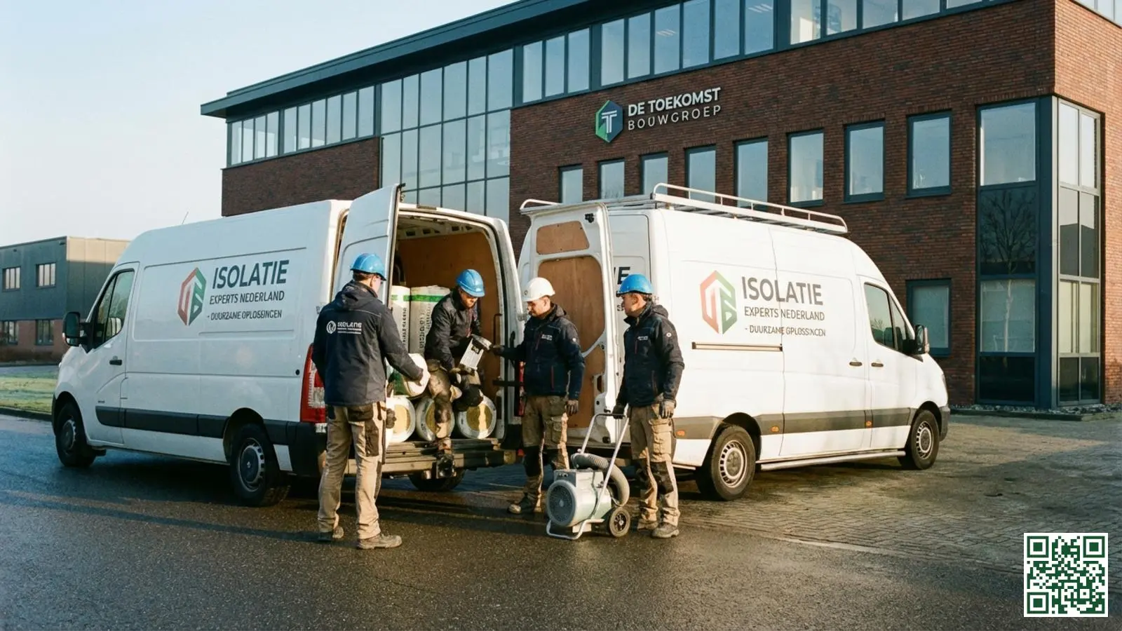 Professioneel isolatieteam met bestelbus en materialen arriveert bij een Nederlands bedrijfspand voor dakisolatie