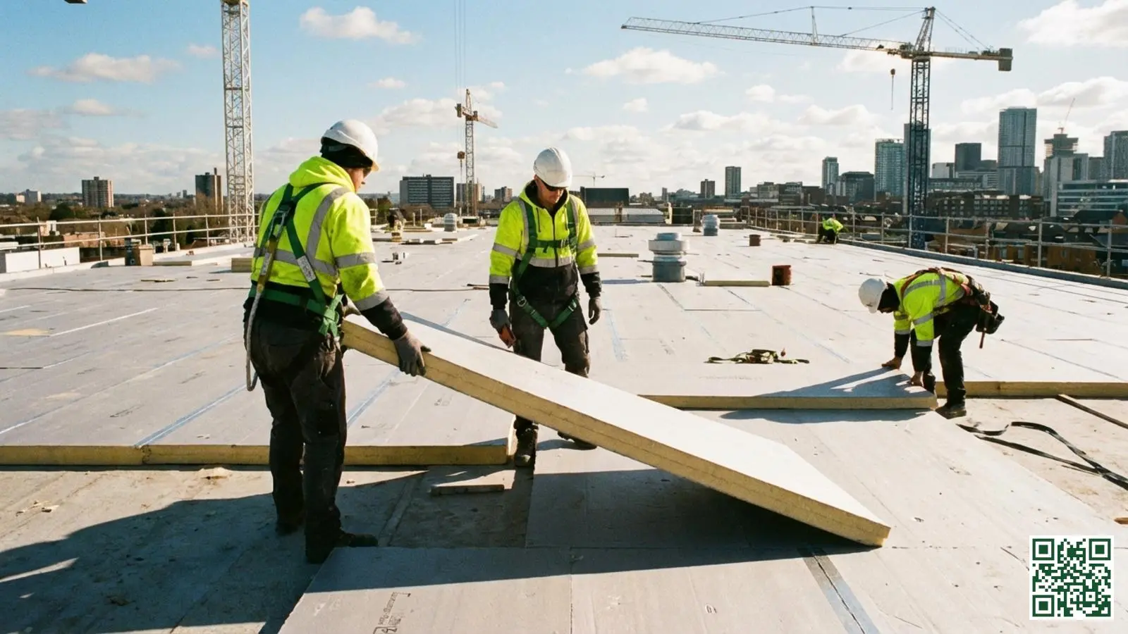 Vakmannen installeren isolatieplaten op een groot industrieel plat dak met professionele veiligheidsuitrusting