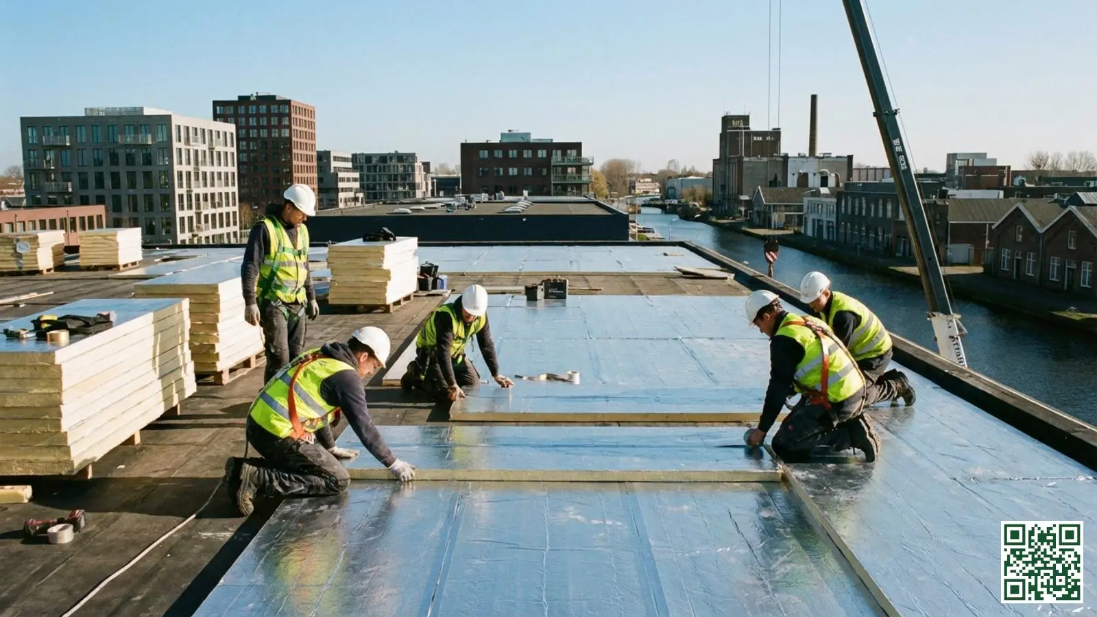 Professionele installatie van isolatieplaten op het dak van een Nederlands bedrijfspand