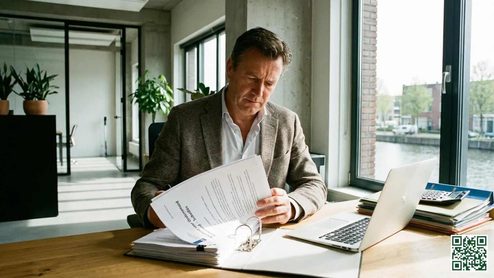 Nederlandse ondernemer bestudeert subsidieaanvraag documenten voor bedrijfsisolatie op kantoor