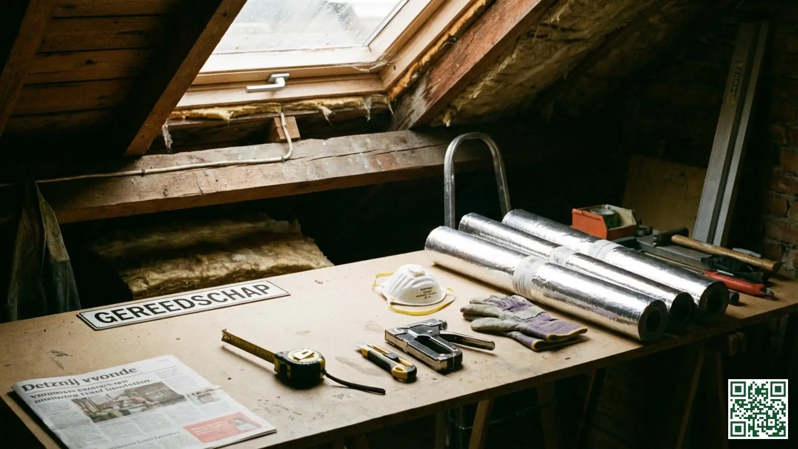 Werkbank met gereedschap en materialen voor dakisolatie waaronder meetlint stofmasker en dampscherm