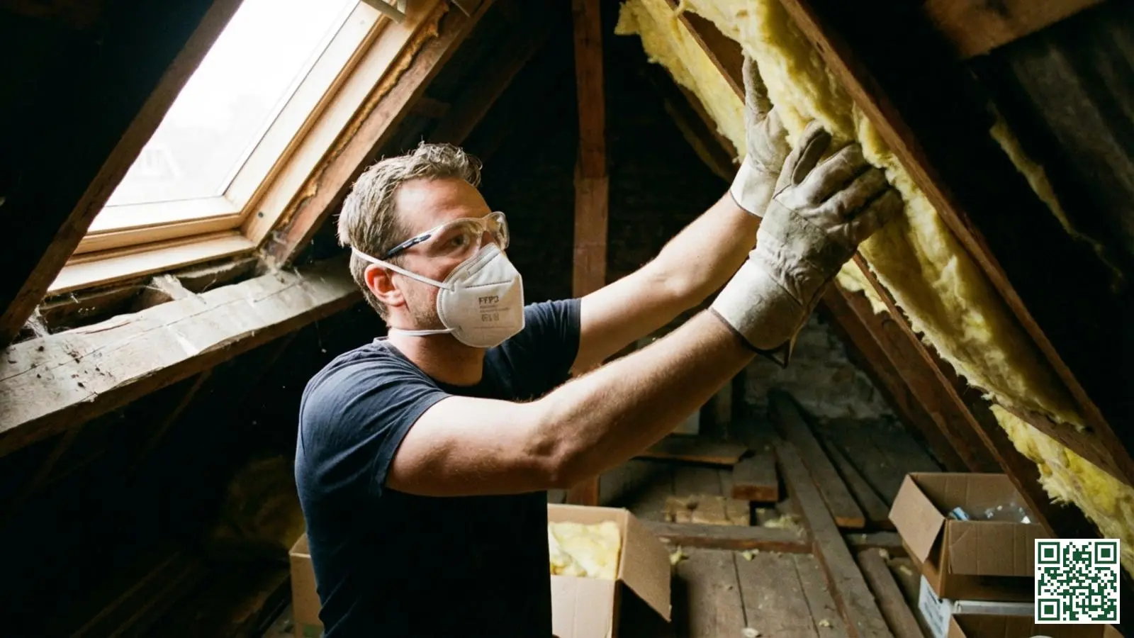 Persoon met stofmasker werkhandschoenen en veiligheidsbril bij het verwerken van isolatiemateriaal op zolder