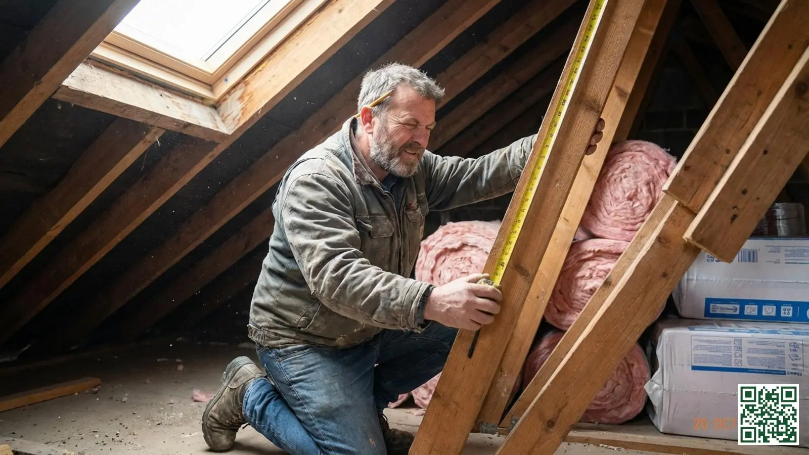 Huiseigenaar meet dakspanten op met een meetlint in een onafgewerkte zolderruimte voor zelf dakisolatie