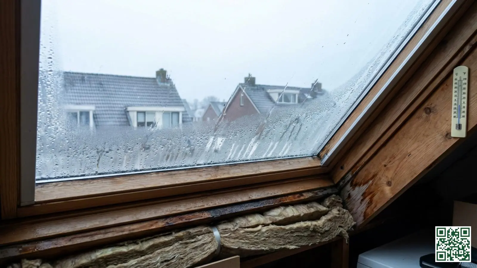 Condensatiedruppels op de binnenkant van een dakraam als teken van vochtproblemen door isolatiefouten