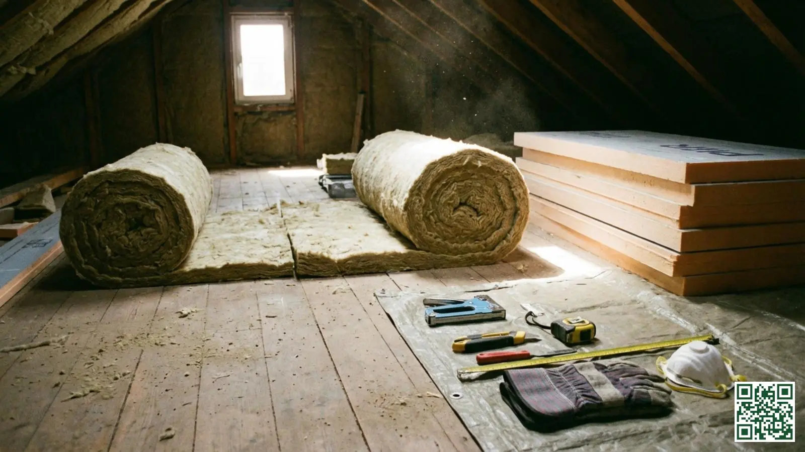 Overzicht van gereedschap en isolatiematerialen klaargelegd op een zoldervloer voor doe-het-zelf dakisolatie