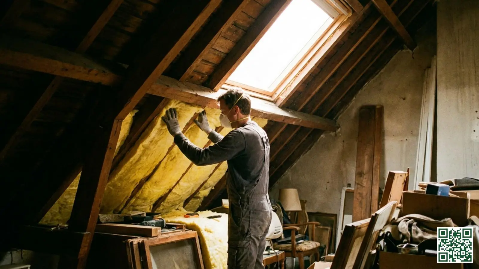 Doe-het-zelver met beschermende handschoenen plaatst glaswol isolatie tussen houten dakspanten op zolder