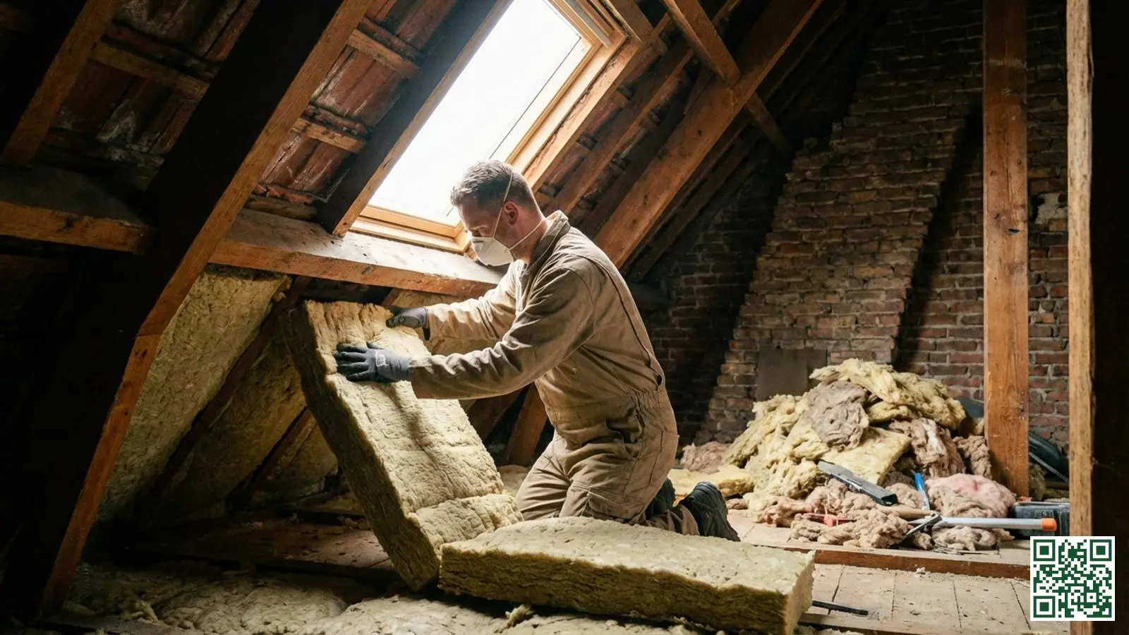 Professionele isolatiemonteur plaatst minerale wol tussen dakbalken in een Nederlandse zolderruimte