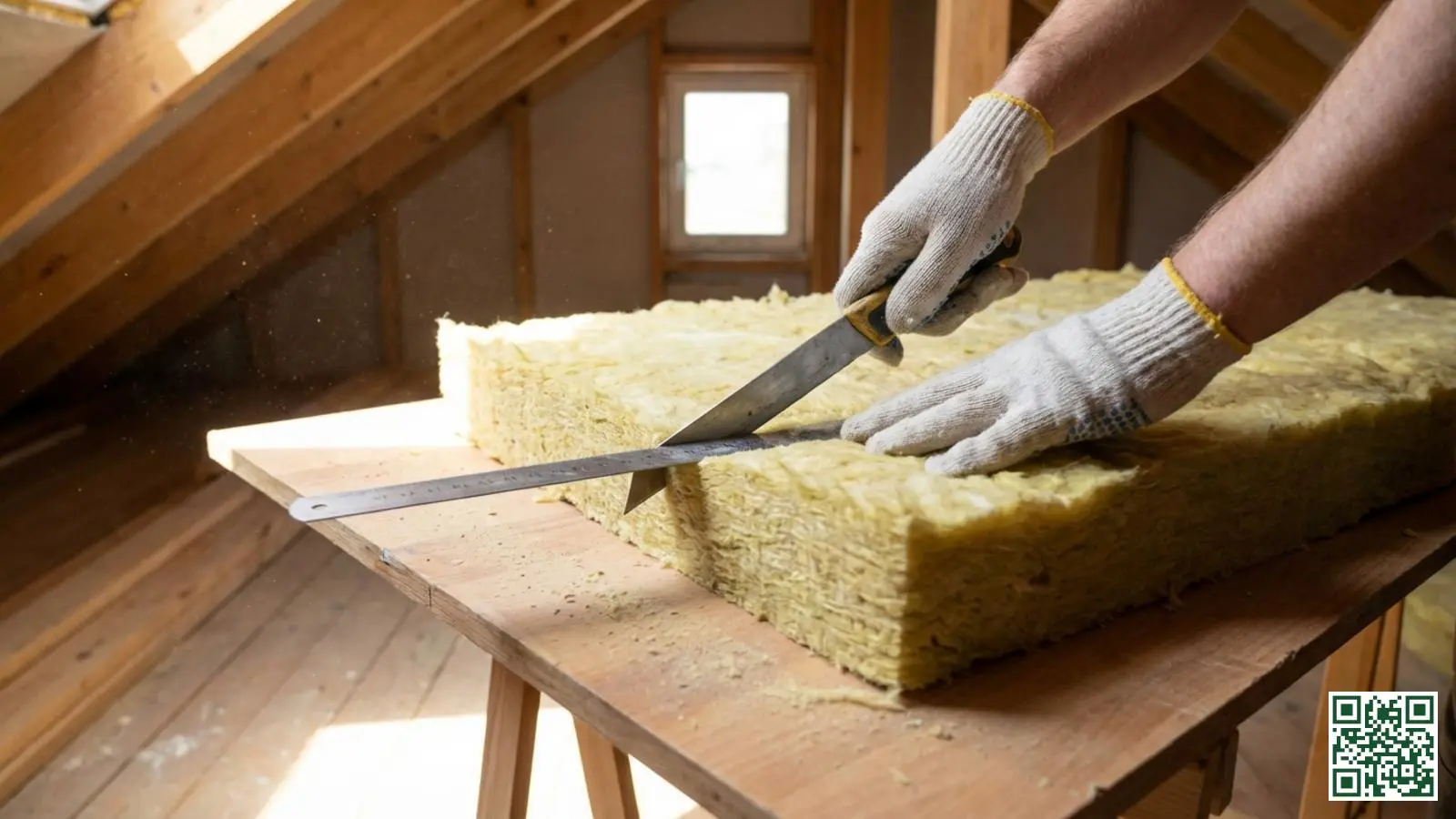 Isolatiemateriaal wordt op maat gesneden met een stanleymes langs een metalen liniaal