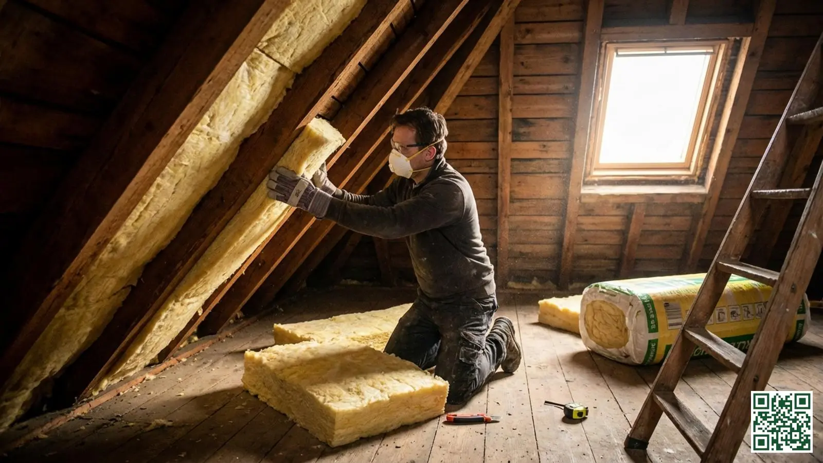 Doe-het-zelver plaatst gele minerale wol isolatie tussen houten dakspanten op een Nederlandse zolder